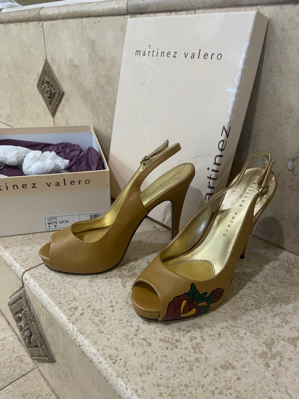 Martinez Valero Tan Peep-Toe Slingback Heels with Floral Detail